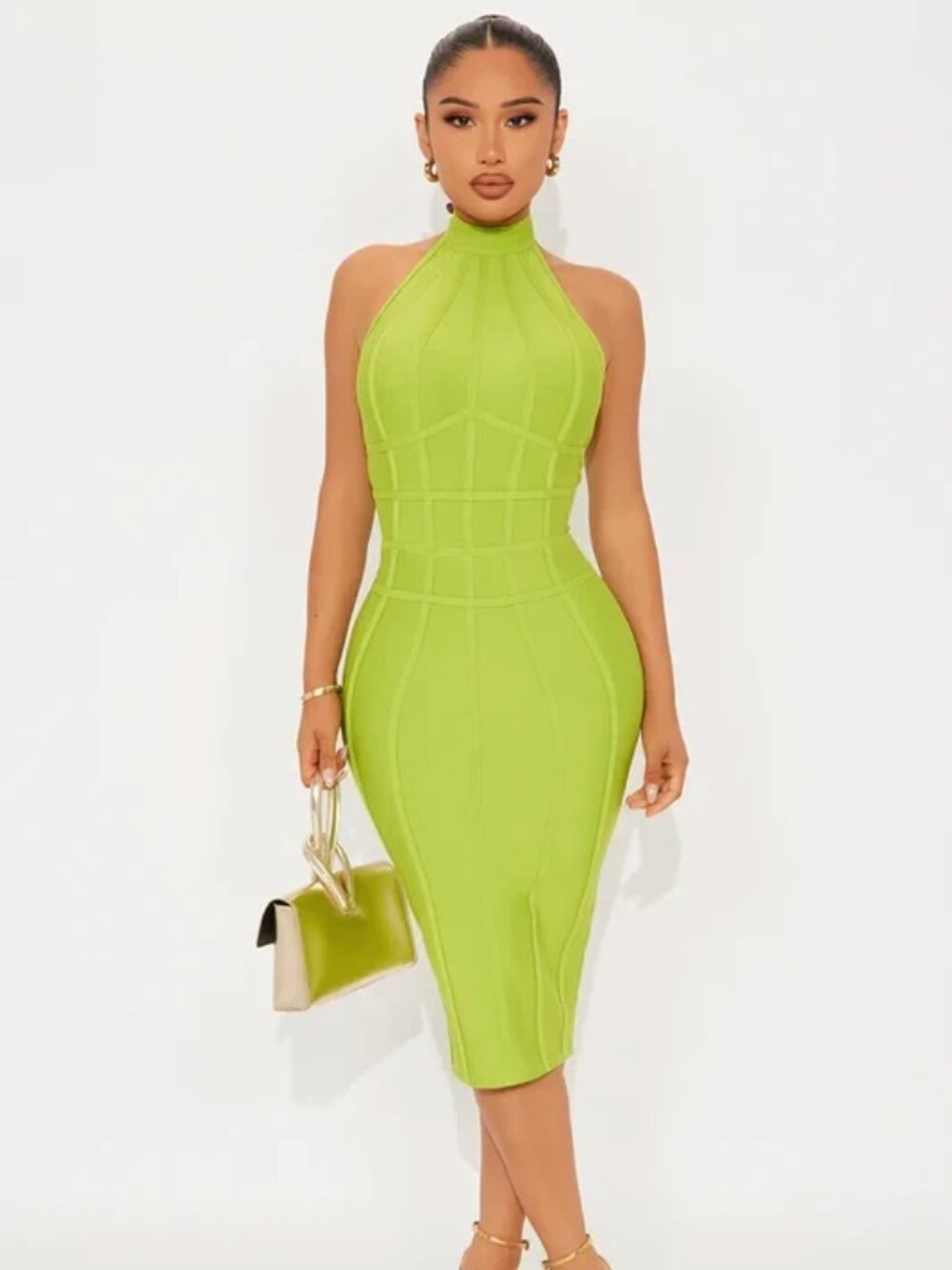 Bandage Mock Neck Midi Dress - Lime Green
